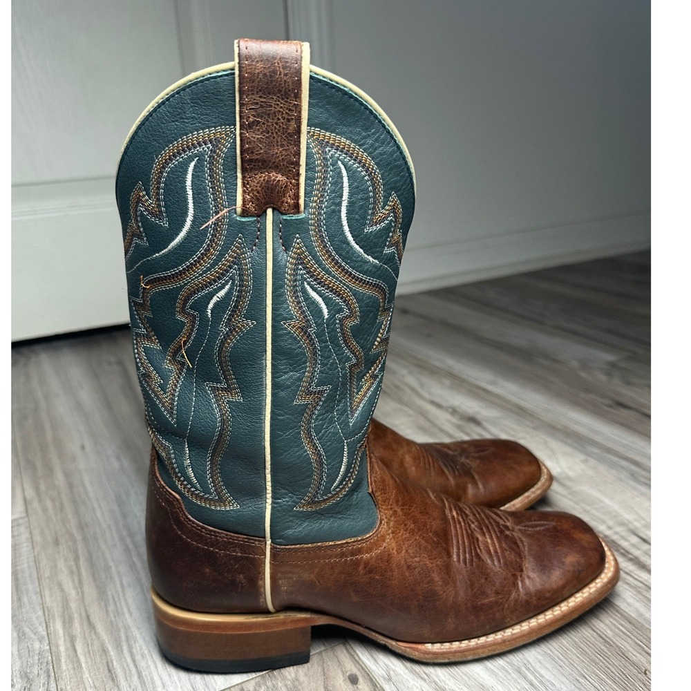 Mens Brown and Teal Leather Square Toe Western Cowboy Boots